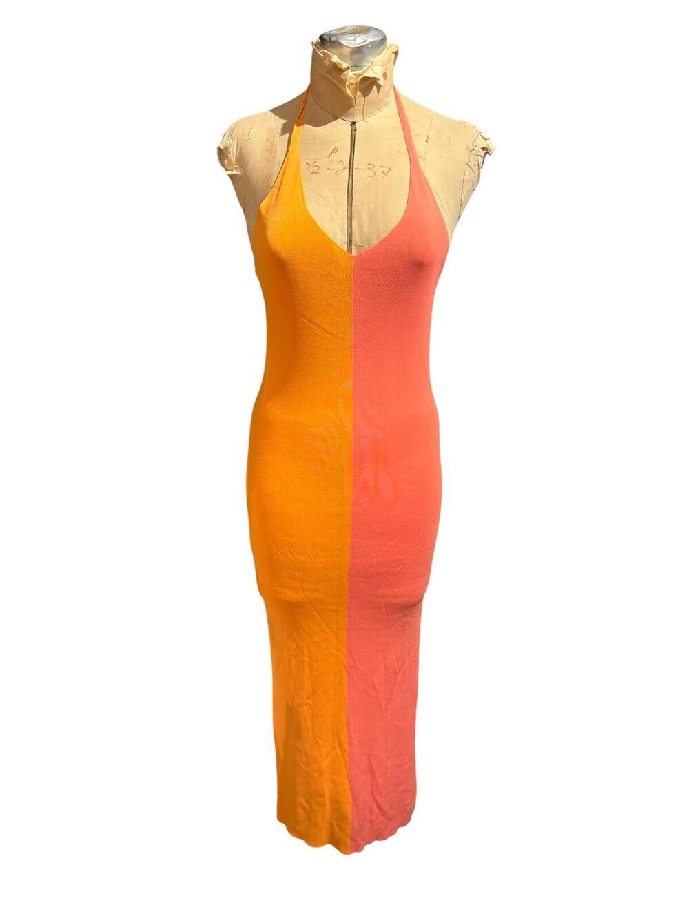 Zara Two-Tone Halter Neck Midi Dress in Orange and Coral